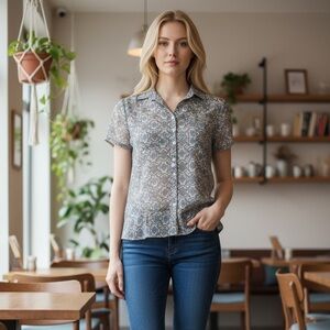 LOFT Blue and White Patterned Top